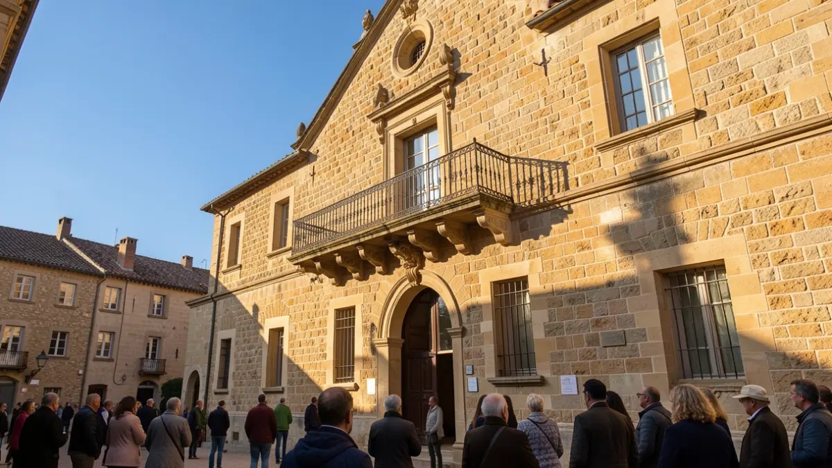 Generic image of a stone town hall facade typical of the Provence-Alpes-Côte d'Azur region, with an ornate balcony and iron railings, under an afternoon sun.