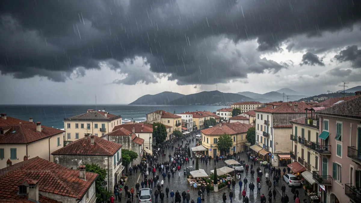 Image générique de ciel méditerranéen orageux avec de fortes pluies sur une ville côtière.