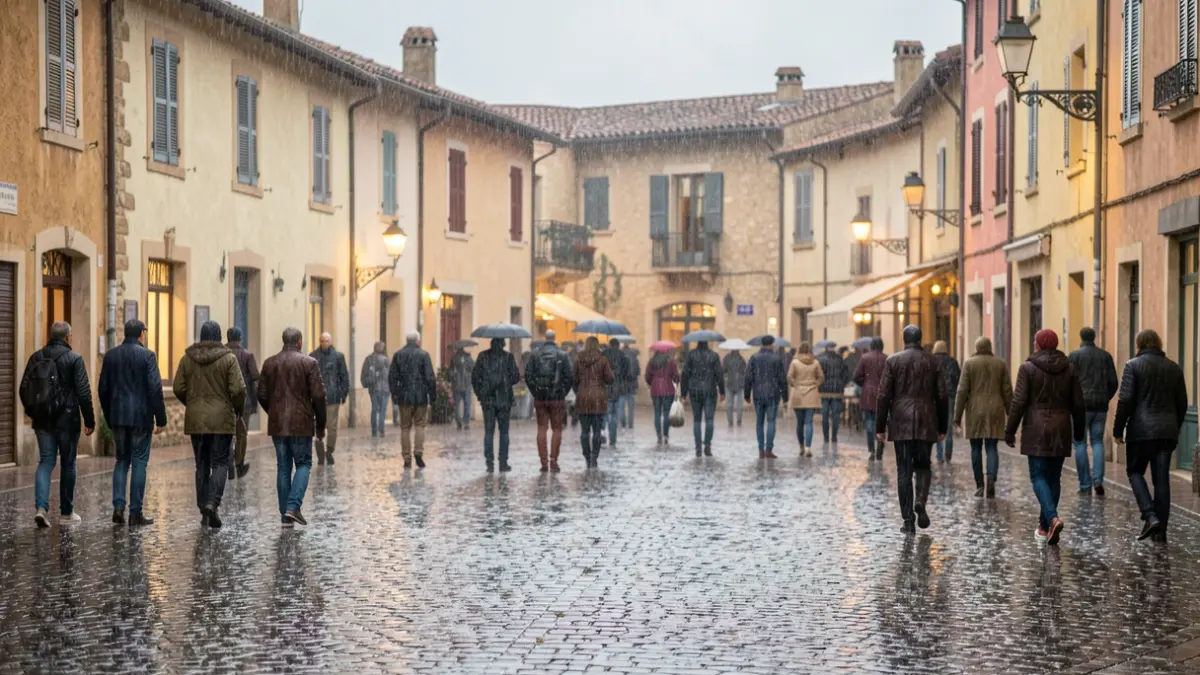 Image générique de fortes pluies tombant sur une place de village en Provence, pavés mouillés reflétant les lumières, façades floues.