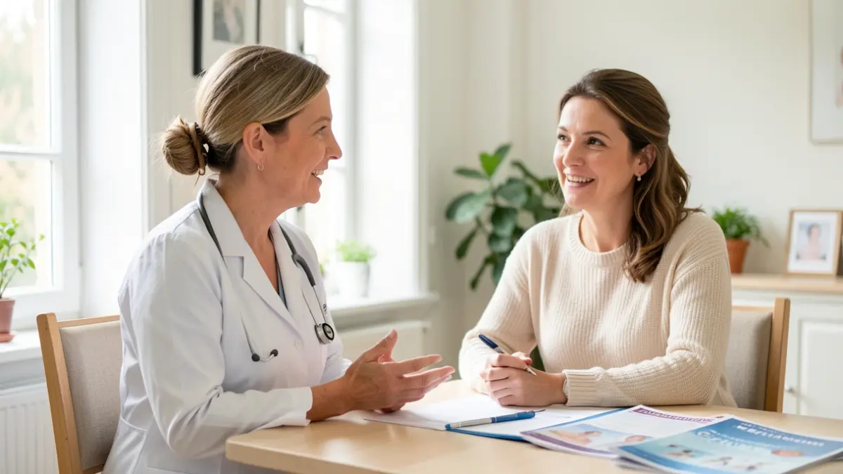 Professionnels de santé accueillant une femme pour un échange sur la santé.