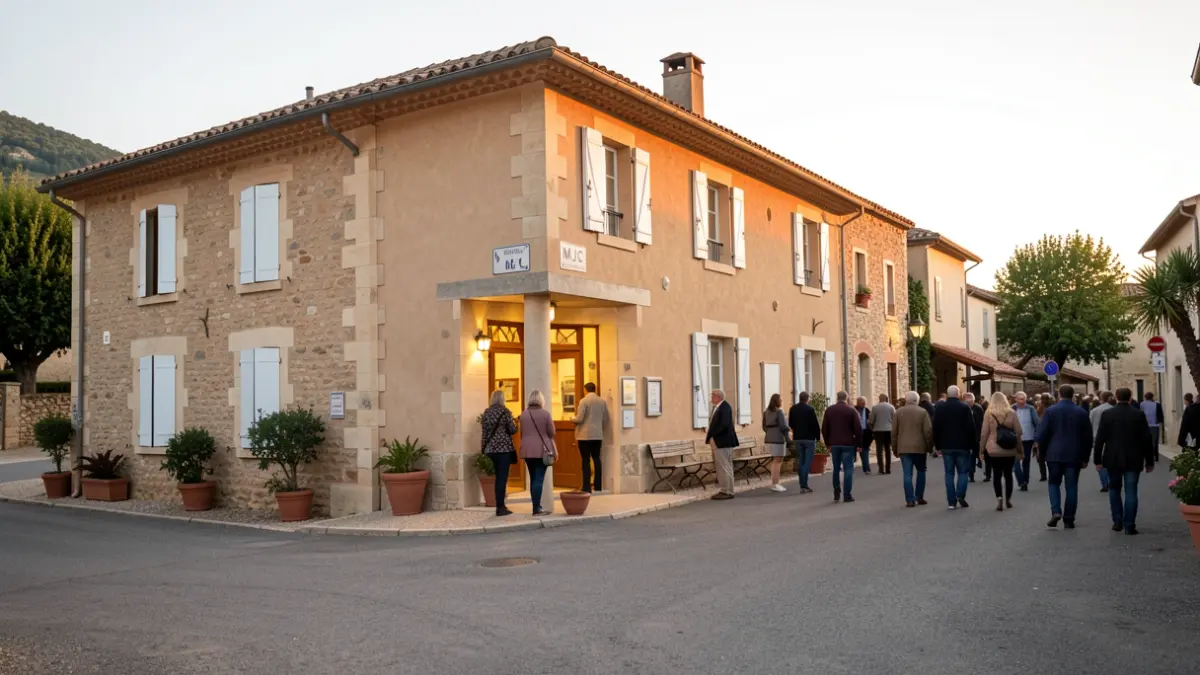 Generic image of a community center in a small French town, with people entering, in the evening light.