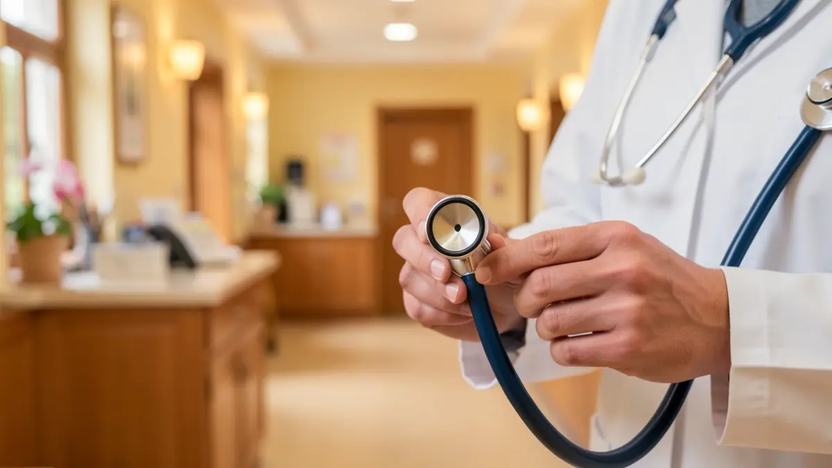 Image générique de mains tenant un stéthoscope dans un centre de santé.
