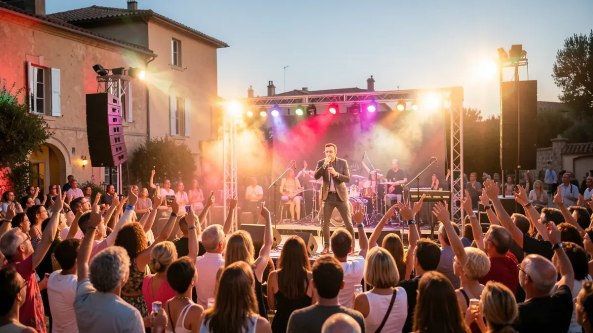 Generic image of a festive concert in the South of France, with a joyful crowd and a singer on stage. No proper names or claim that it depicts the actual event.