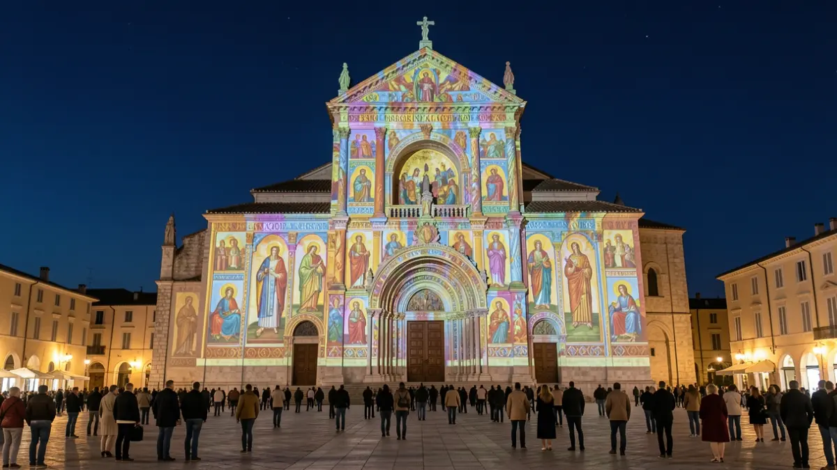 Light projection on the facade of the Saint-Marie-Madeleine Basilica in Saint-Maximin-la-Sainte-Baume.