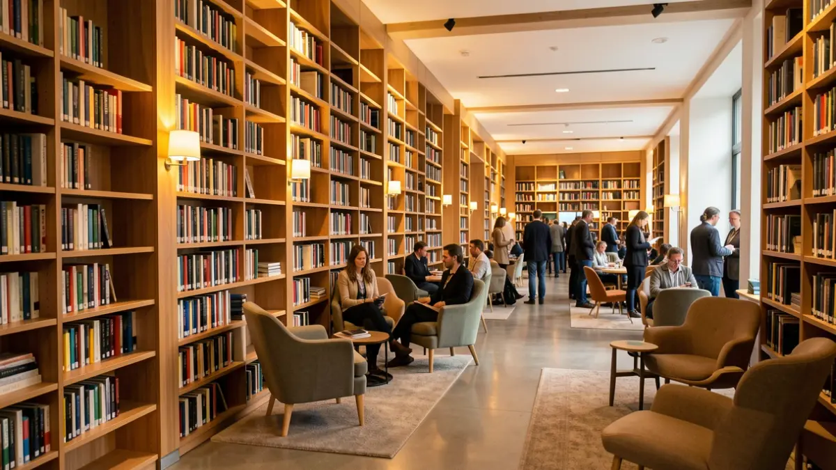 Generic image of a modern library with shelves full of books and comfortable reading areas.