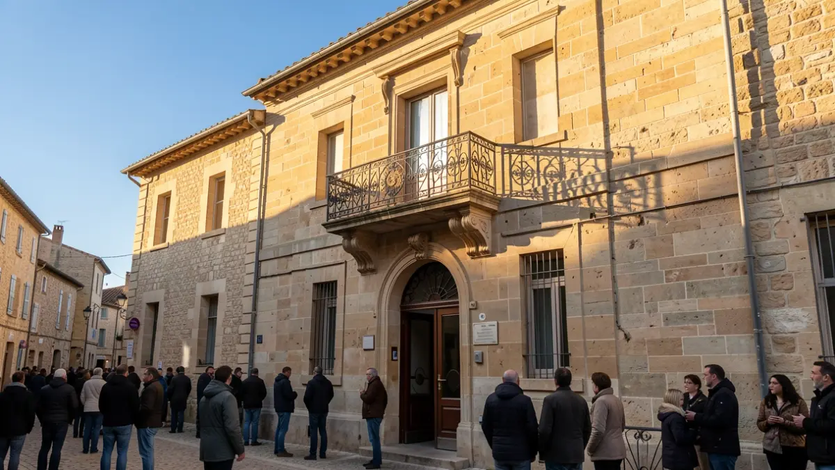 Façade de la mairie de Saint-Étienne-du-Grès sous le soleil de l'après-midi.