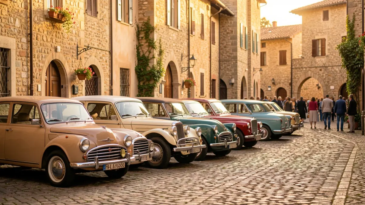 Generic image of vintage cars parked on a paved square in a sunny medieval village.
