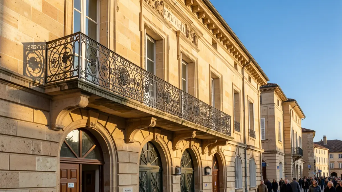 Façade en pierre d'un hôtel de ville de Provence-Alpes-Côte d'Azur avec balcon en fer forgé, lumière d'après-midi.