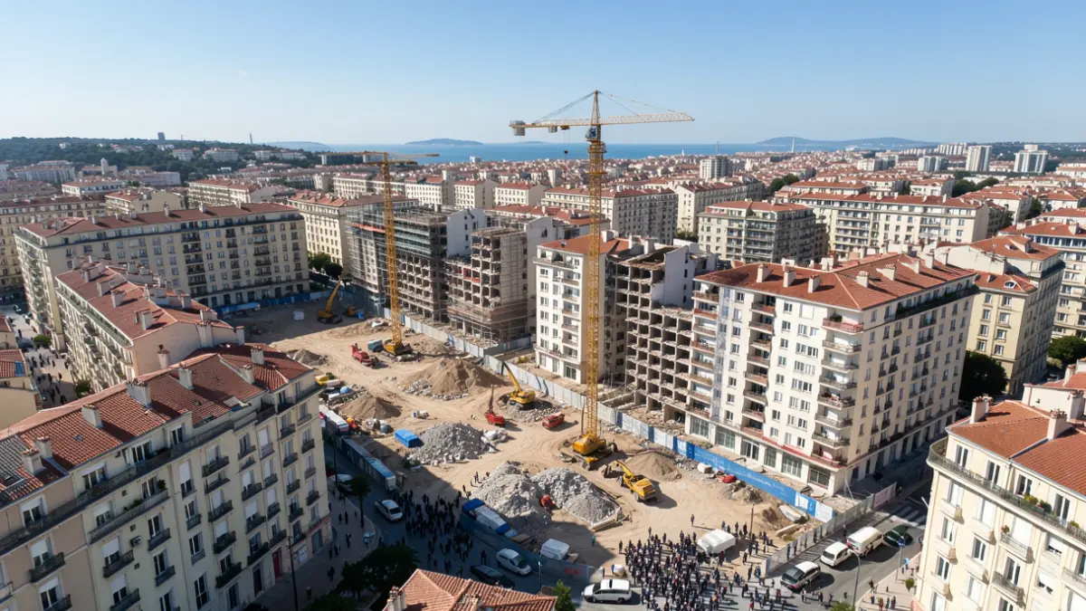 Aerial view of a housing complex undergoing renovation in Marseille, with cranes and ongoing construction.
