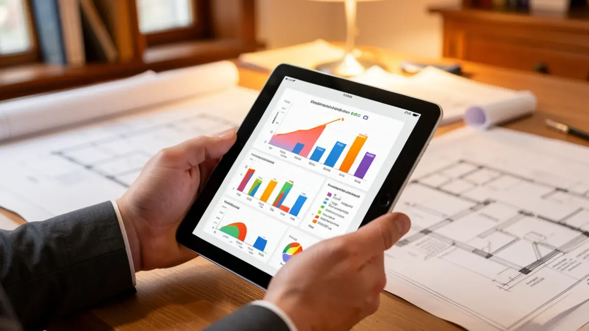 Generic image of a person consulting a tablet with energy renovation plans in an office setting.