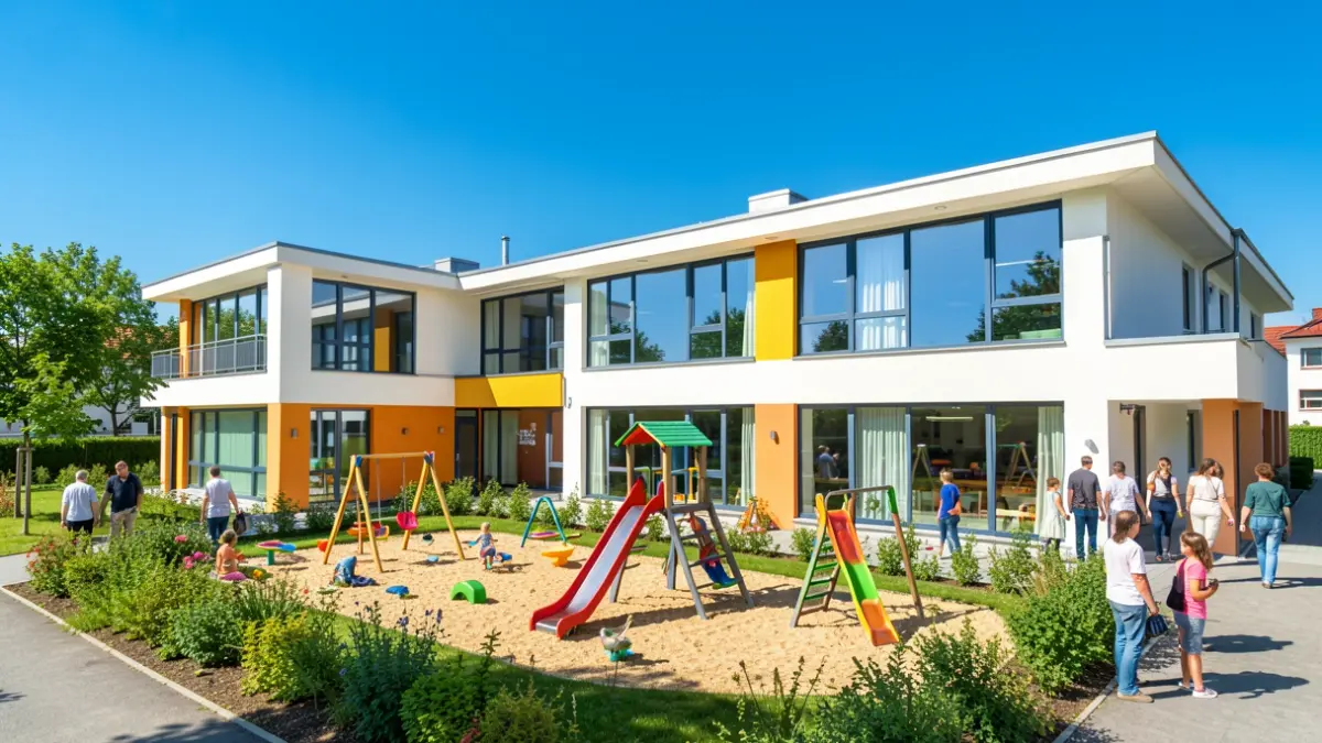 Generic image of a modern community center with a garden.