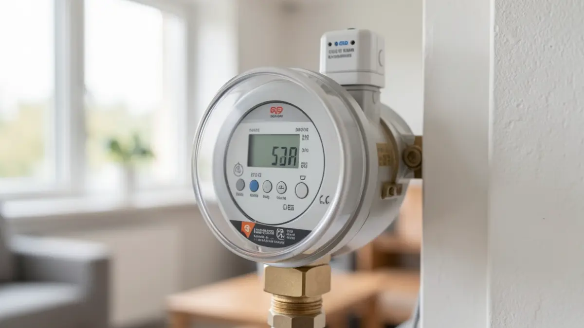 Image générique d'un compteur d'eau moderne avec un petit émetteur, dans un intérieur de bâtiment résidentiel.