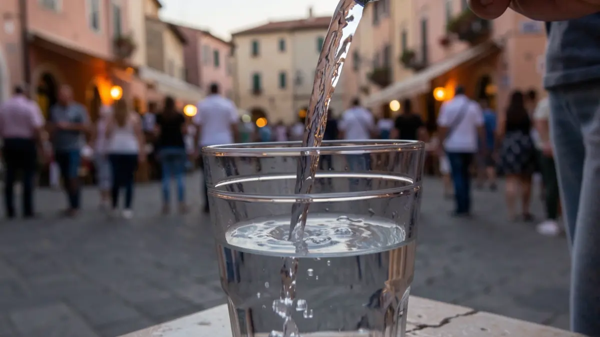 Image générique de l'eau du robinet coulant dans un verre, avec un arrière-plan flou d'une place de village méditerranéen au crépuscule.