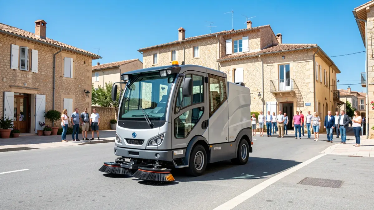Generic image of a modern electric street sweeper in a street of a southern French town.