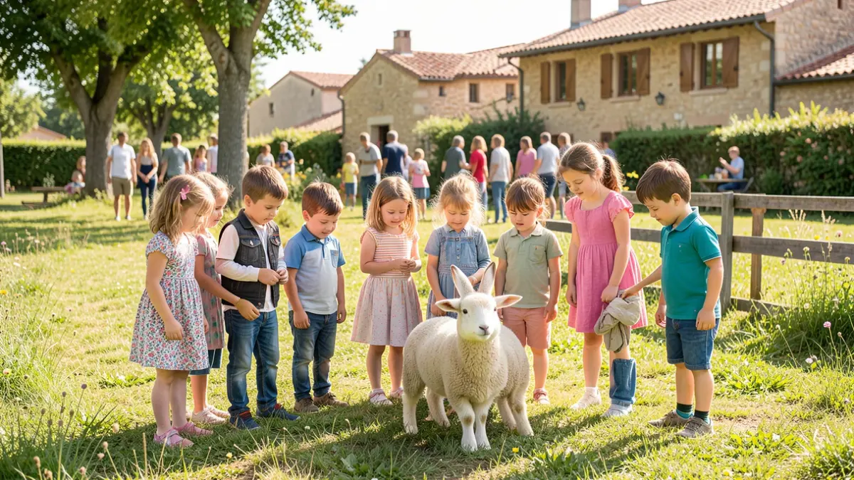 Image générique d'enfants découvrant des animaux de ferme dans un cadre ensoleillé, avec une touche d'architecture provençale.