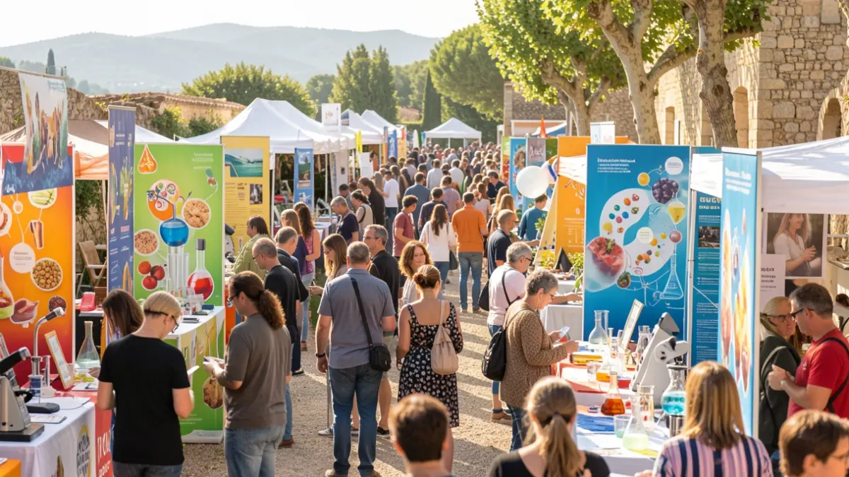 Image générique d'un festival scientifique interactif dans le sud de la France, avec des stands colorés et une foule animée.