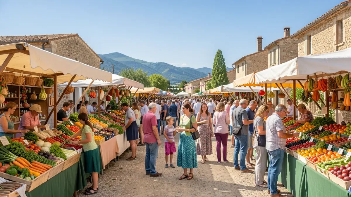Generic image of an agricultural fair in Provence with local produce stalls and families.