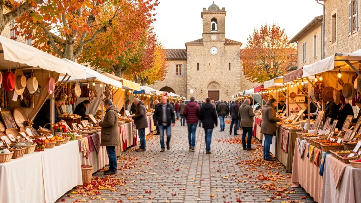 Scène de fête foraine d'automne dans un village provençal avec des artisans, des produits gourmands et des animations.