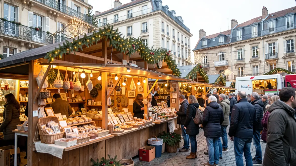 Image générique d'un marché de Noël avec des stands et des food trucks.
