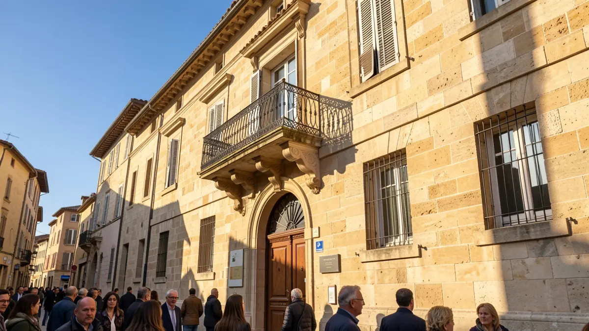 Image générique de la façade d'un hôtel de ville en pierre de style provençal, avec balcon et ciel bleu.