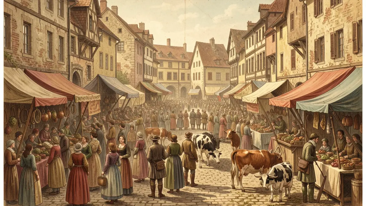 Image générique d'une foire historique avec des étals et une foule.