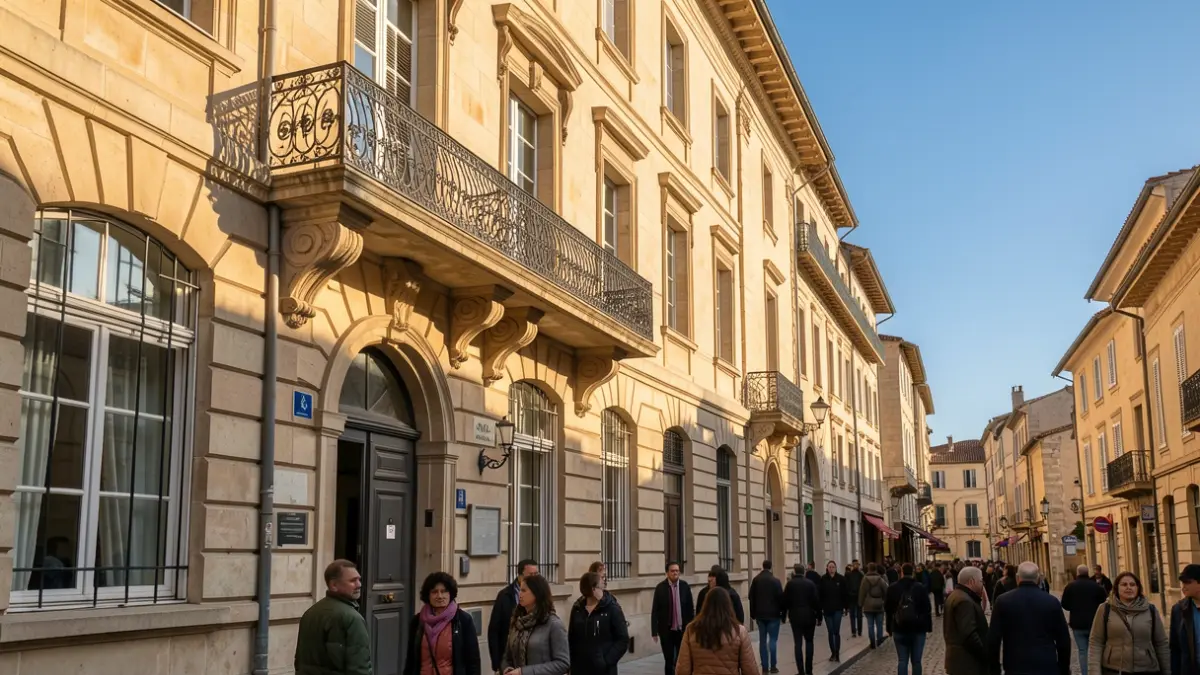 Generic image of a stone town hall facade in Provence with a balcony and blue sky.