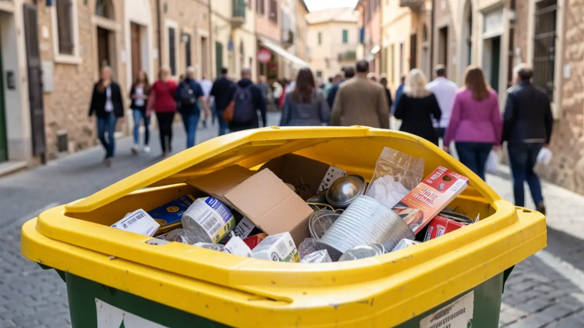 Generic image of a yellow recycling bin containing various packaging.