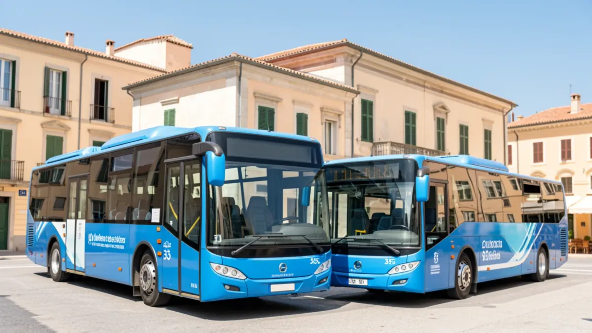 Two new, easily identifiable blue municipal buses parked in front of the La Londe-les-Maures town hall.