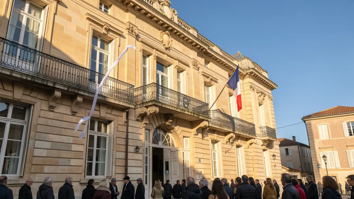 Image générique de la façade d'une mairie de Provence-Alpes-Côte d'Azur avec un balcon orné et un drapeau français portant un ruban blanc. Jamais de noms propres. N'affirme jamais que c'est le fait réel.