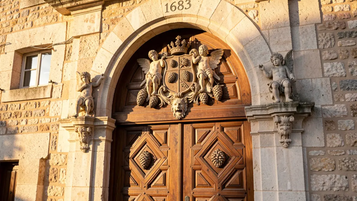 Façade de l'Hôtel de Ville de Pignans avec son portail en pierre de 1683 et sa porte monumentale sculptée en cours de restauration.