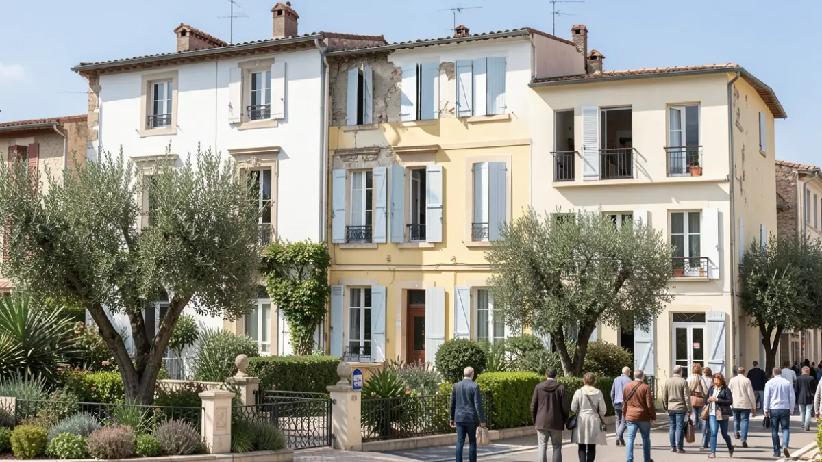 Generic image of a renovated building facade in southern France, with landscaping elements.