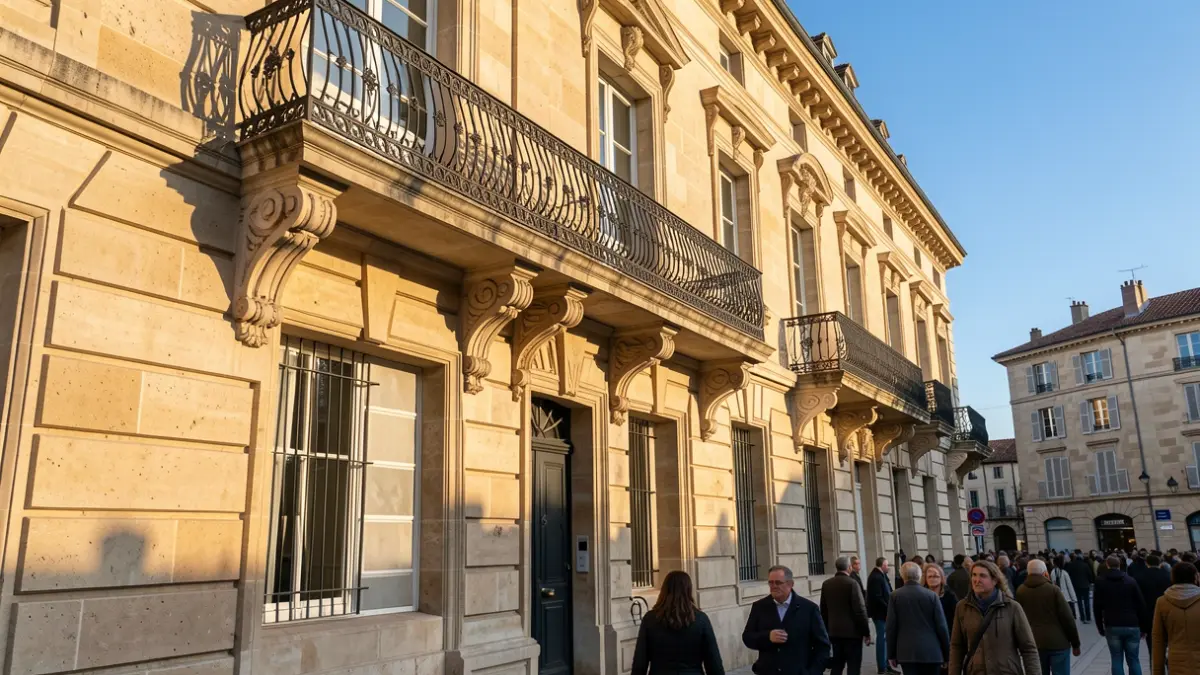 Stone facade of a Provence-Alpes-Côte d'Azur town hall with ornate balcony and iron railings, warm afternoon sunlight casting shadows on the sandstone walls, blue sky.