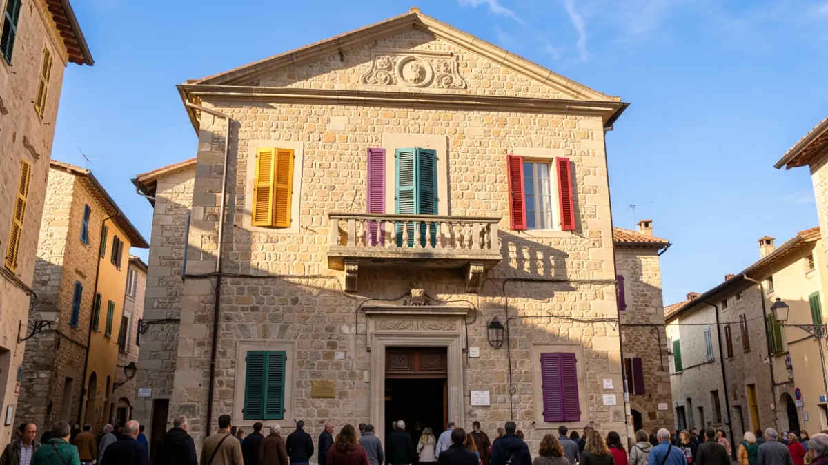 Facade of a stone town hall in a Mediterranean village.
