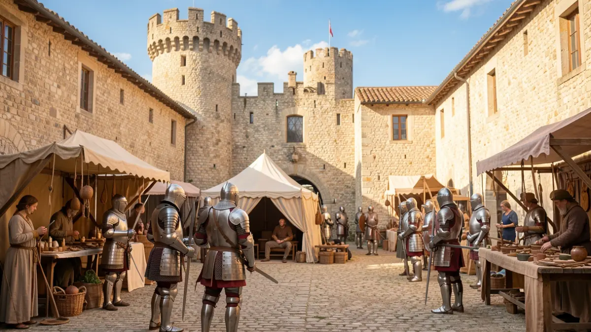 Image générique d'une cour de château médiéval en Provence avec des chevaliers et des ateliers, sous un ciel bleu.