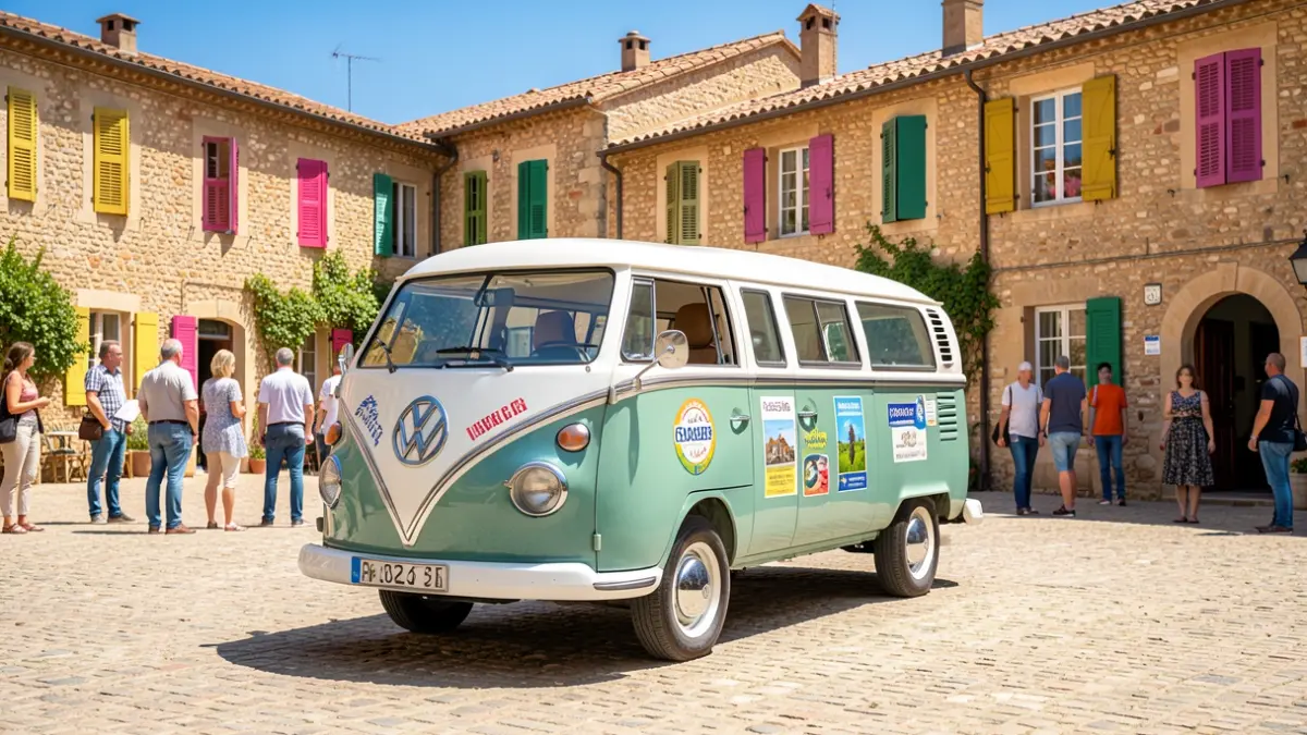 Un combi Volkswagen vintage exposé sur une place de Lambesc, avec l'architecture provençale en arrière-plan.