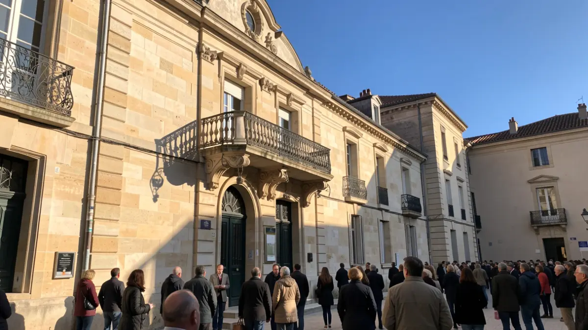 Image générique de la façade d'une mairie en pierre du sud de la France, avec un balcon orné et des barreaux en fer forgé, sous un soleil d'après-midi.