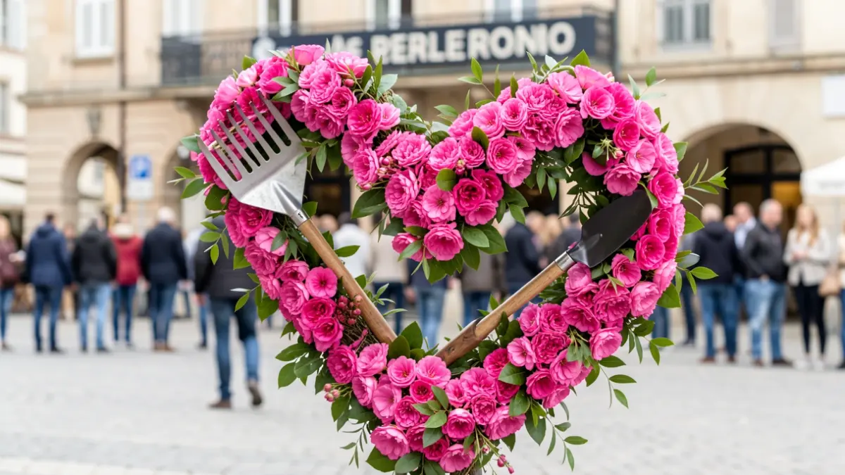 Arrangement floral rose en forme de cœur avec des outils de jardinage, devant la gendarmerie de Lambesc.