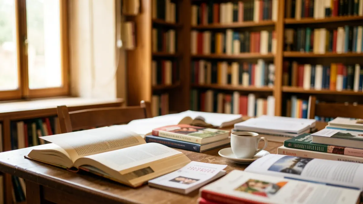 Image générique de livres et d'une table dans une bibliothèque provençale.