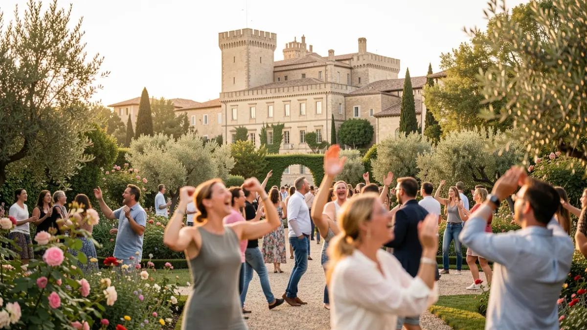 Generic image of a sunny garden with dancing and singing silhouettes in front of a historic monument.
