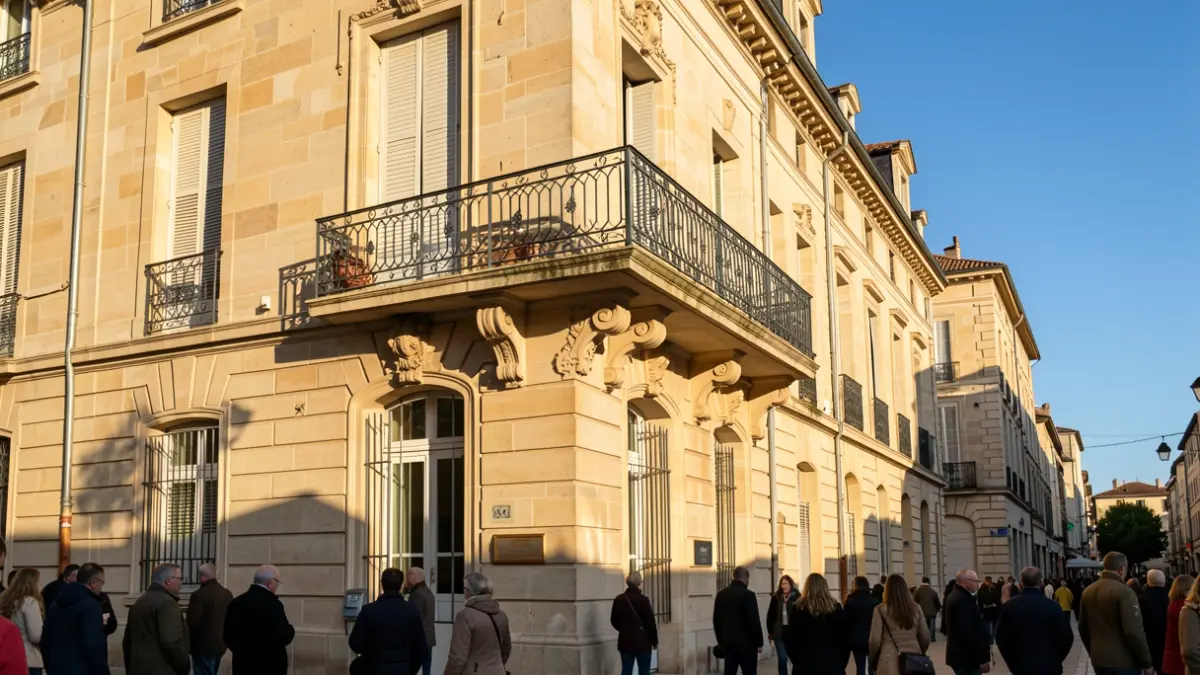 Image générique de la façade en pierre d'un bâtiment officiel de Provence-Alpes-Côte d'Azur avec un balcon orné, sous un soleil d'après-midi.