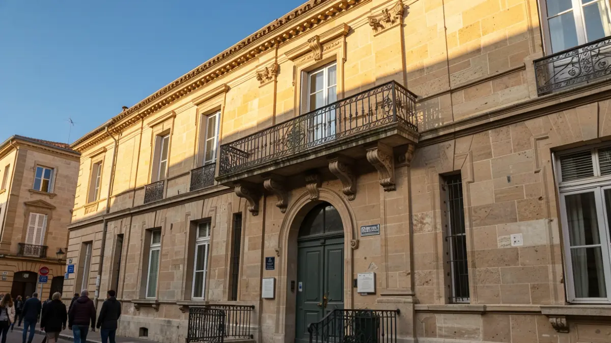 Generic image of a town hall facade in Provence with a balcony and blue sky. Never use proper names or claim it shows the real thing.