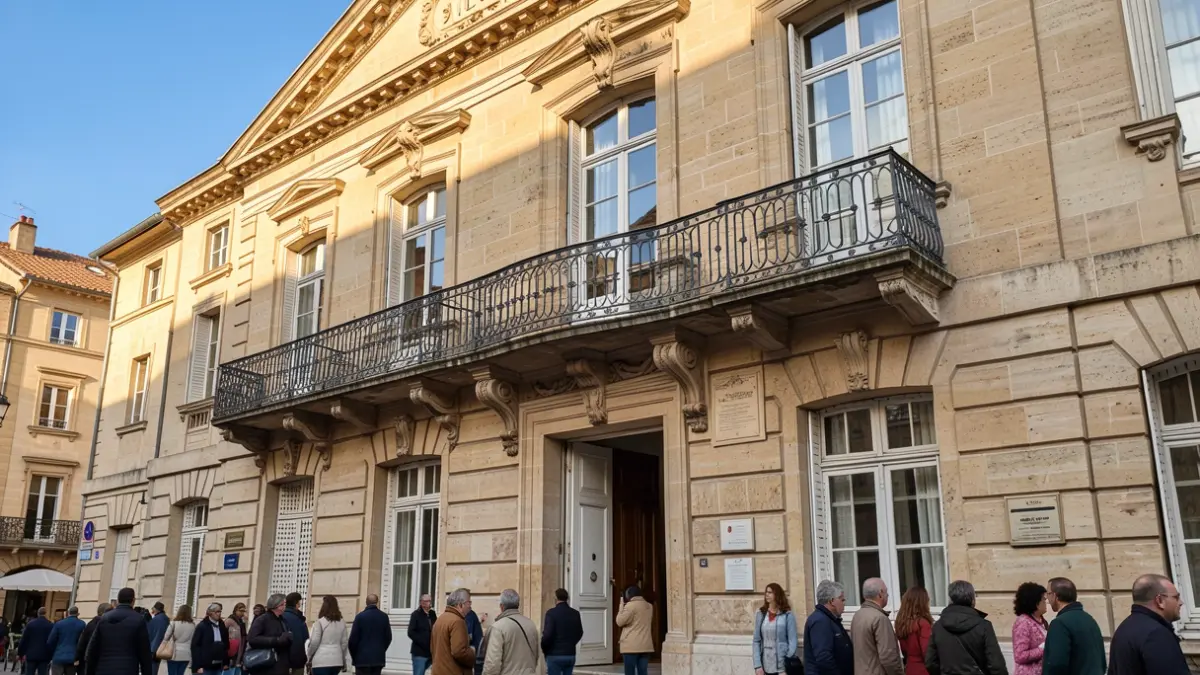 Generic image of a stone town hall facade in Southern France, featuring an ornate balcony and a blue sky.