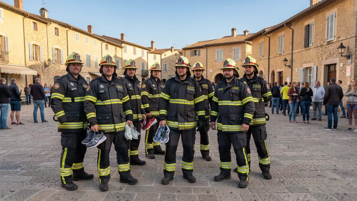 Generic image of firefighters in a sunny town square with traditional Provençal buildings.