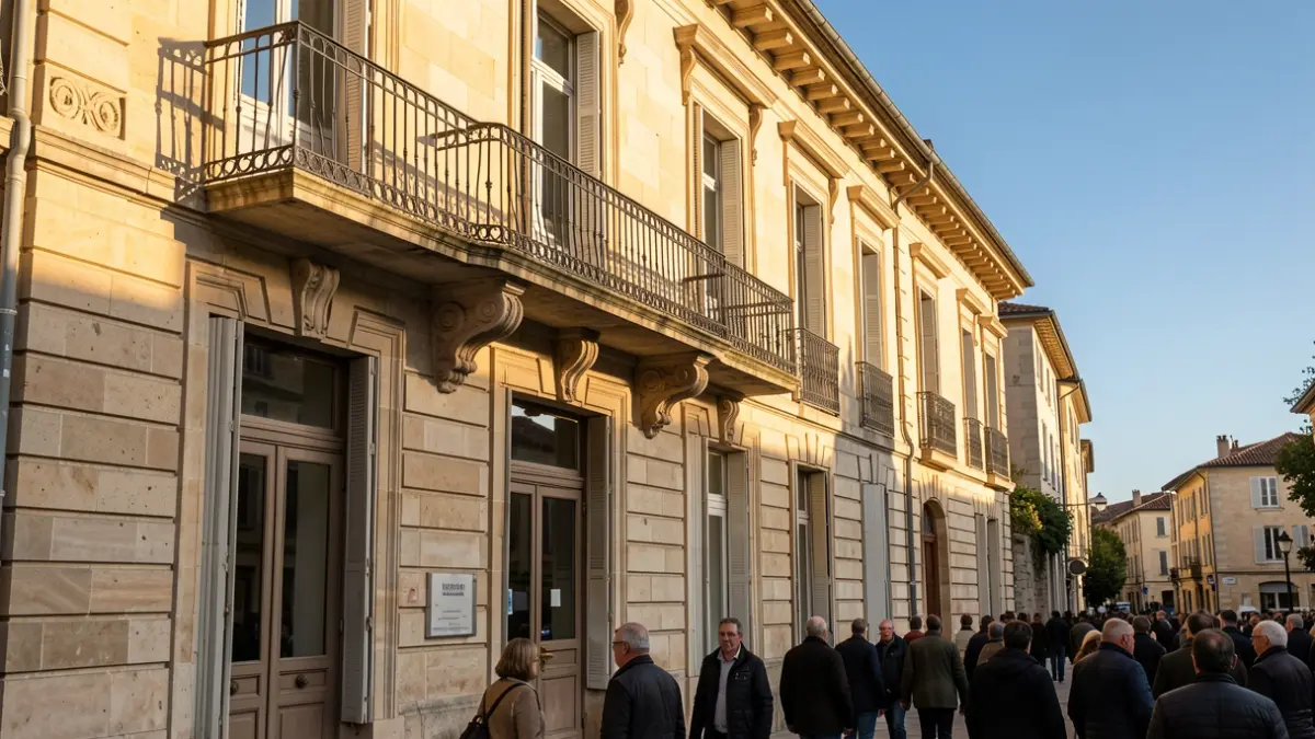 Image générique de la façade d'un hôtel de ville en pierre dans le sud de la France, avec un balcon orné et des barreaux en fer, baignée par la lumière chaude du soleil d'après-midi.