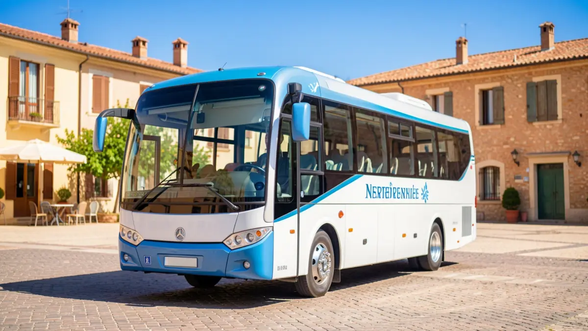 Bus de l'Entrepreneuriat stationné sur une place publique dans le sud de la France, avec une architecture méditerranéenne.