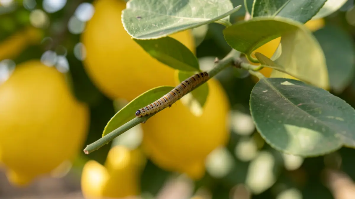 Gros plan sur des larves de coccinelles sur une branche de citronnier, avec des feuilles vertes floues et des citrons jaunes en arrière-plan, lumière naturelle douce, région Provence-Alpes-Côte d'Azur.
