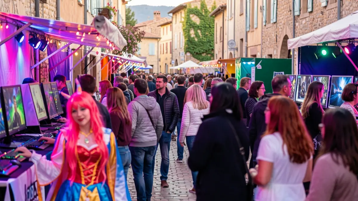 Generic image of a festive video game festival with cosplays and colorful lights.