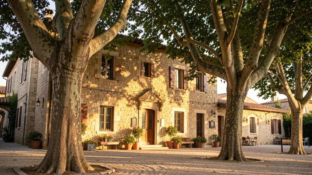 Facade of a Provençal bastide with plane trees.