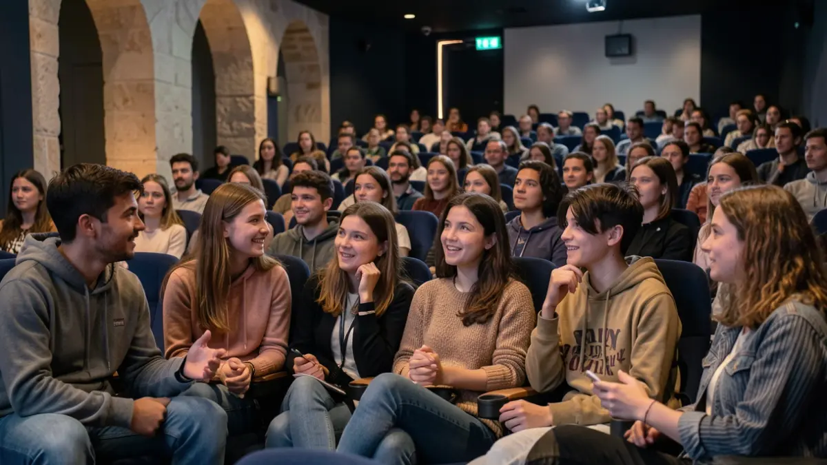 Image générique de jeunes spectateurs discutant dans une salle de cinéma.