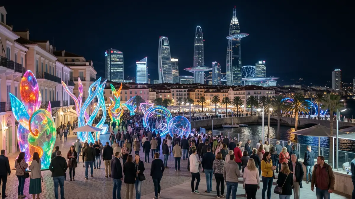 Image générique d'un quartier créatif illuminé la nuit, avec des installations artistiques futuristes et une foule diversifiée, évoquant l'imagination et la science-fiction dans un cadre méditerranéen.